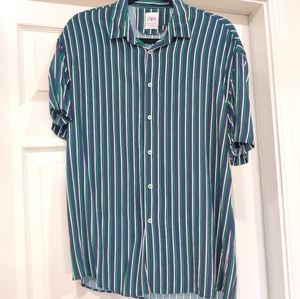 Zara Navy Blue Green White Stripe Flowy Relaxed Fit Button Down Camp Short Shirt